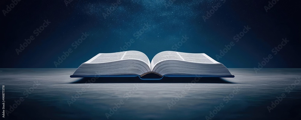 Poster open book under starry sky expanding cognition of space concept. an open book displaying knowledge a