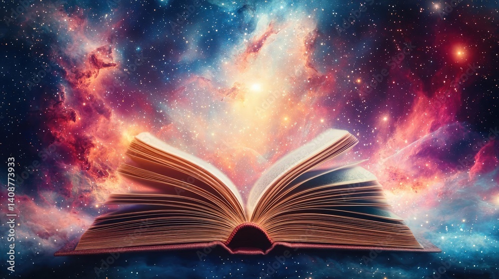 Aufkleber Open book under starry sky with galaxy and cognition concept. An imaginative book floating in a cosmic and colorful universe.