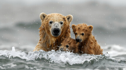 Fototapeta premium Adorable polar bear mother and her two cubs playfully splashing in icy arctic waters. A heartwarming wildlife scene capturing family bond and the beauty of nature.