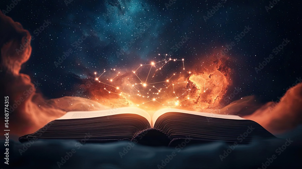 Poster Open book under starry sky expanding cognition of space concept. An open book unleashing cosmic creativity and imagination.