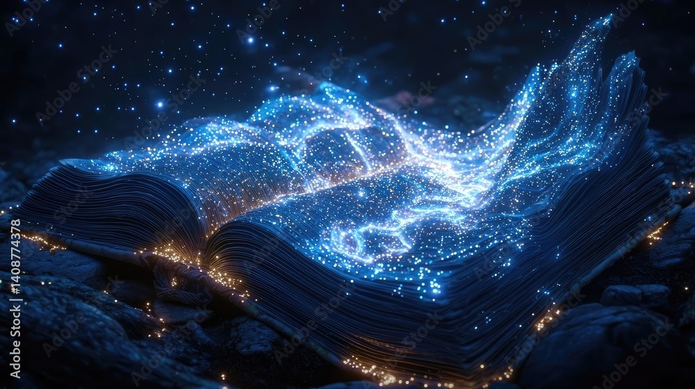 Poster Open book under starry sky symbolizing learning and cognition concept. A magical book with glowing pages illuminating the night.