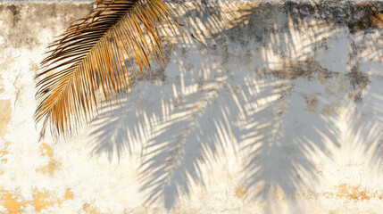 A palm tree leaf casts a shadow on a white wall. The shadow is long and thin, stretching across the wall. Concept of tranquility and calmness, as the leaf and its shadow create a peaceful scene