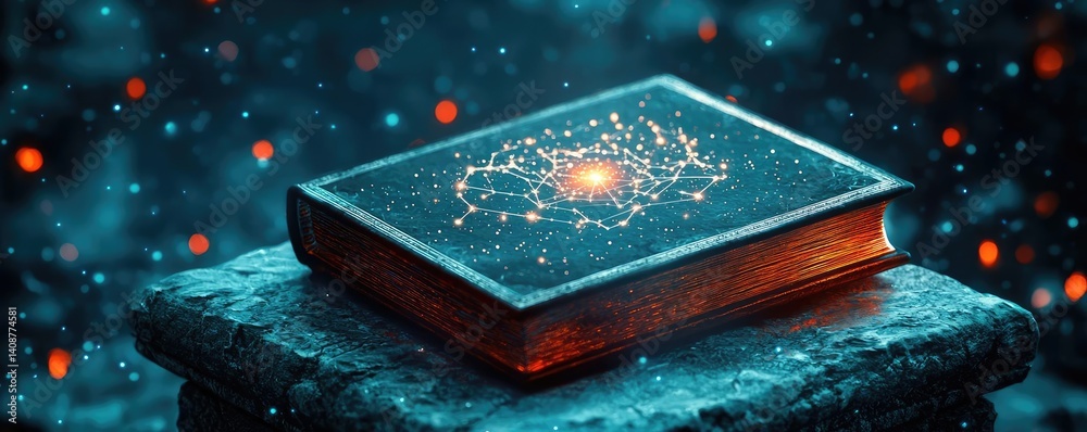 Poster open book under starry sky with galaxy and cognition concept. a mystical book depicting the universe