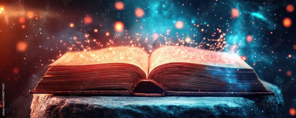 Poster open book under starry sky with galaxy and cognition concept. an enchanting open book radiating magi