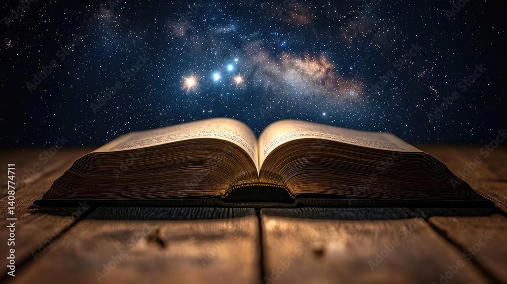 Poster open book under starry sky with galaxy and cognition concept. an open book under a starry sky, evoki
