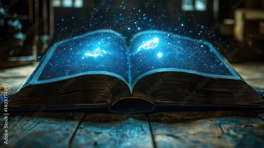 Poster open book under starry sky with galaxy and cognition concept. an enchanting book reveals a universe 