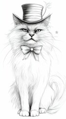Elegant Cat Illustration with Top Hat and Bow Tie in Black and White