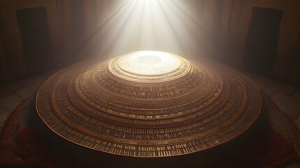 Ancient golden artifact, intricate carvings, sunbeam illumination, mystical atmosphere, archaeological discovery.