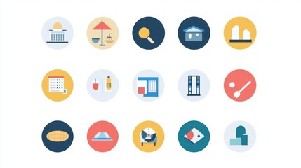 Colorful flat icons travel, city, business, and more; website design