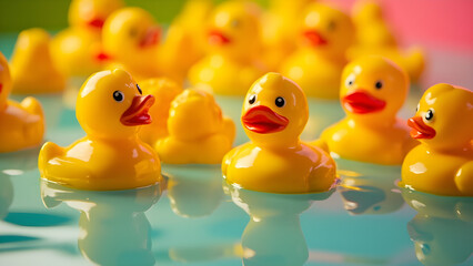 Vibrant Rubber Ducks Floating on Water