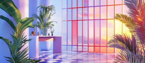 Pastel Sunset Interior with Lush Plants