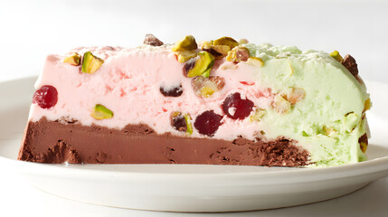 Deliciously Photorealistic Slice of Colorful Ice Cream Dessert with Nuts and Fruits Displayed on a White Plate
