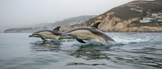Obraz premium Two dolphins leaping from the ocean, splashing water, coastal cliffs in background. Dramatic ocean wildlife scene.