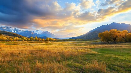 Scenic Mountain Landscape with Golden Grass and Dramatic Sky