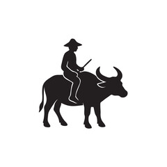 black silhouette of man riding buffalo 