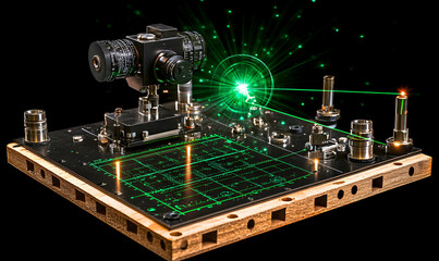 Advanced laser technology, intricate machinery, precise engineering, scientific experiment, green laser beams, high-tech equipment, innovation, research, development, futuristic concept.