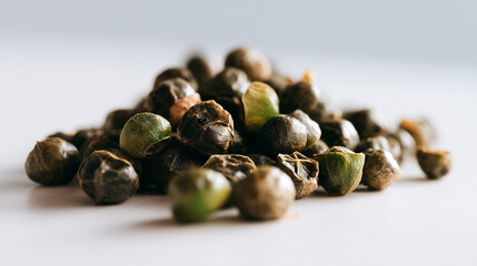 Close up of green peppercorns pile, dried peppercorn spice, culinary ingredient, cooking spice, seasoning food