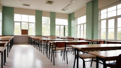 bright study room with panoramic windows and beautiful lighting. Empty school background with glass windows without curtains