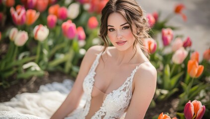 Fototapeta premium Stunning Bride in a Sea of Tulips