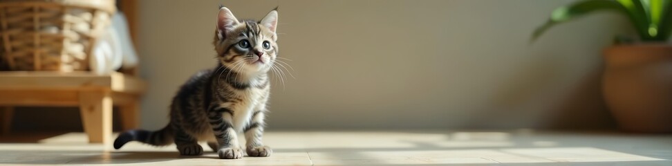 Adorable grey tabby kitten standing on hind legs with curious expression, pet, feline