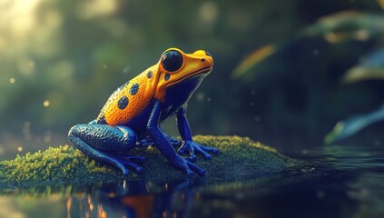 A vibrant poison dart frog is perched on a mossy stone