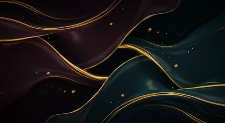 Obraz premium Abstract Dark Elegance: Intertwined Waves of Deep Purple and Teal, Accented with Golden Lines and Shimmering Particles
