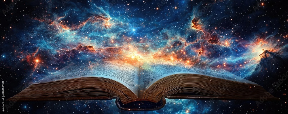 Aufkleber Open book under starry sky symbolizing learning and cognition concept. An open book floating in a cosmic starry background.