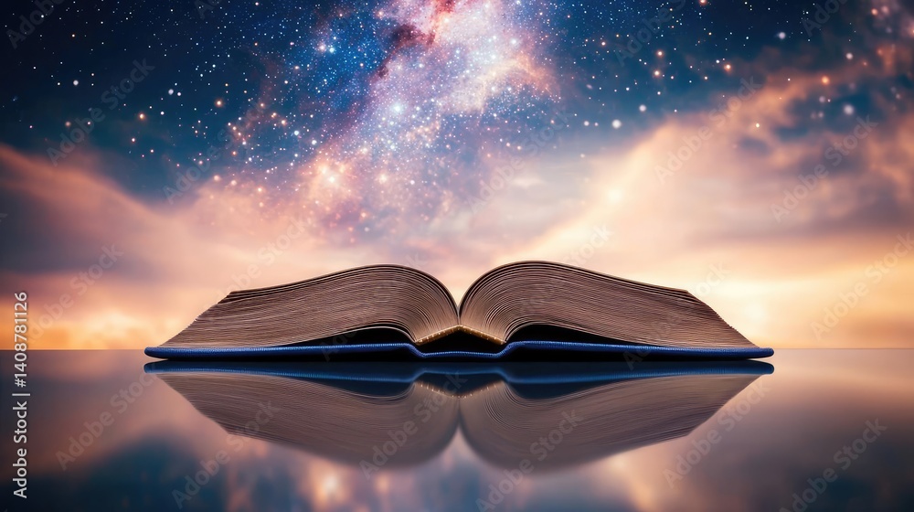Poster Open book under starry sky expanding cognition of space concept. An open book set against a captivating cosmic backdrop.
