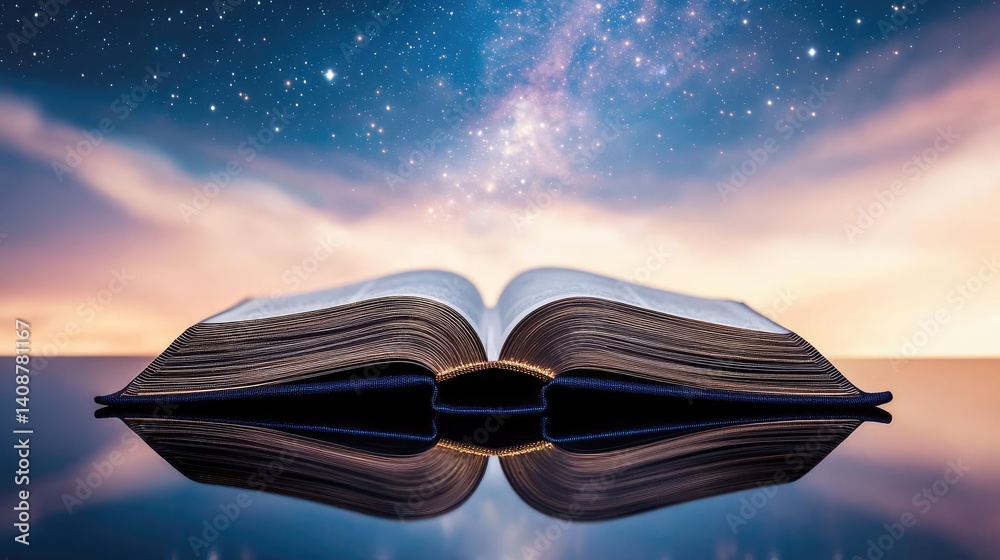 Poster open book under starry sky expanding cognition of space concept. an open book reflecting the cosmic 