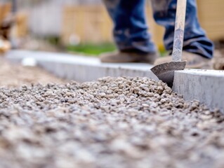 A construction worker leveling the ground for a concrete foundation. Featuring ground preparation and leveling