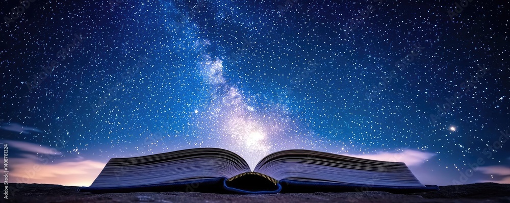Poster open book under starry sky with galaxy and cognition concept. an open book under a starry night sky,