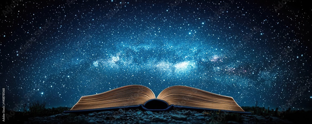 Poster open book under starry sky with galaxy and cognition concept. an open book under a starry night sky 
