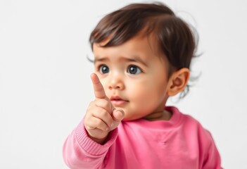 Adorable infant hand gesturing towards options on white backdrop, white, pure