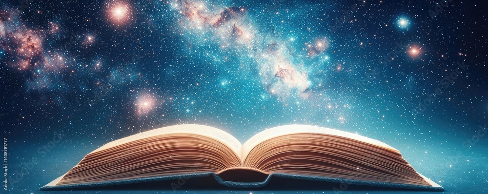 Poster open book under starry sky with galaxy and cognition concept. an open book revealing a cosmic scene 