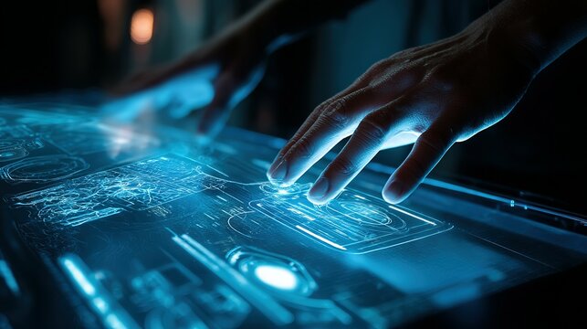 Hands interacting with a futuristic holographic display.