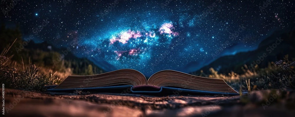 Poster open book under starry sky with galaxy and cognition concept. a mystical book under a starry sky, in