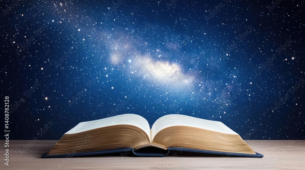 Aufkleber Open book under starry sky with galaxy and cognition concept. An open book with a galaxy backdrop, symbolizing knowledge and discovery.