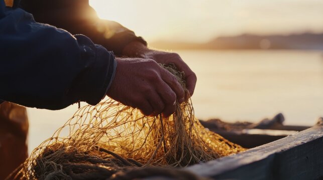 Fisherman untangling a net on a dock at sunrise. Featuring craftsmanship and patience