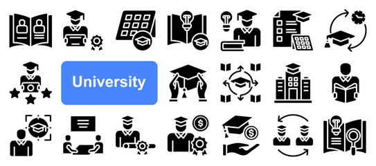Universty icon set.  Graduate, Proffesor, Graduation, Faculty, Campus, Teacher, Graduation, Diploma. icon concept simple.