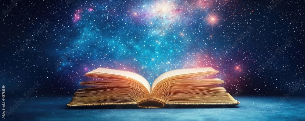 Poster open book under starry sky symbolizing learning and cognition concept. an open book revealing a gala