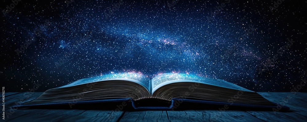 Poster open book under starry sky expanding cognition of space concept. an open book revealing a galaxy of 