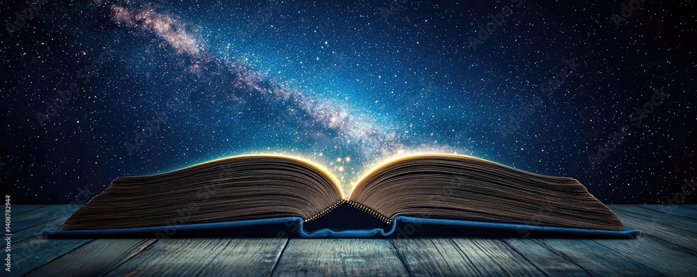 Poster open book under starry sky expanding cognition of space concept. an open book revealing a cosmic vie
