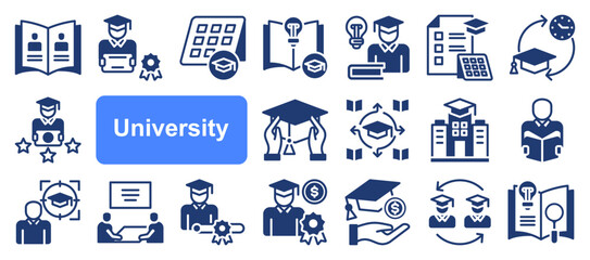 Universty icon set.  Graduate, Proffesor, Graduation, Faculty, Campus, Teacher, Graduation, Diploma. icon concept simple.
