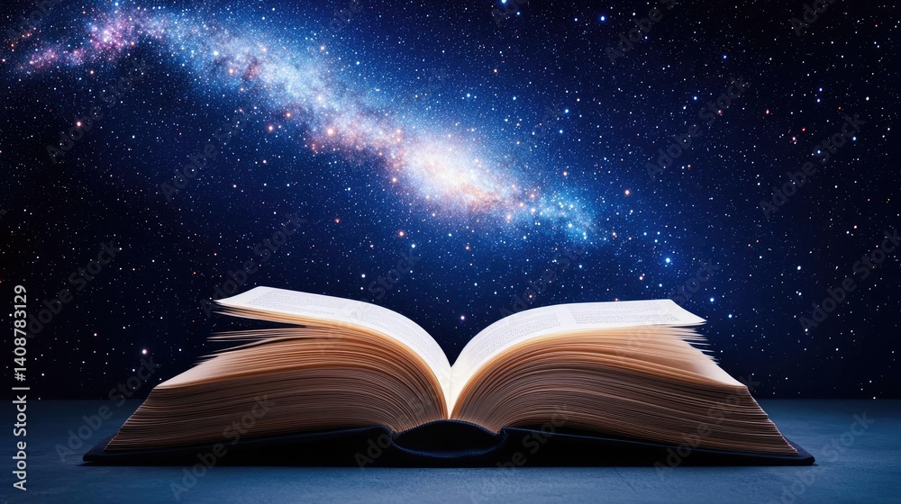 Poster open book under starry sky with galaxy and cognition concept. an open book against a breathtaking co