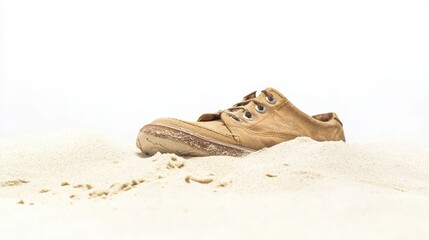 Naklejka premium A shoe left behind in the sand isolated on white background