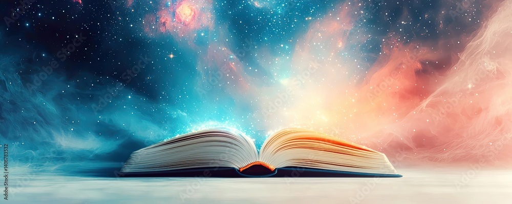 Poster open book under starry sky symbolizing learning and cognition concept. an open book with a cosmic ba