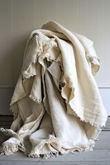 Soft Creamy Blankets Piled Elegantly on a Wooden Floor