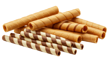 Waffle rolls, striped chocolate and vanilla wafer sticks isolated on transparent background
