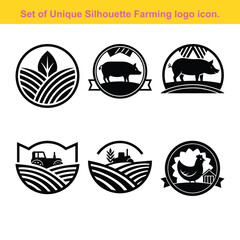 Farming Logo Set With Pig Tractor Chicken And Agricultural Field Illustrations.