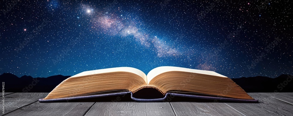 Poster open book under starry sky with galaxy and cognition concept. an open book under a starry night sky 